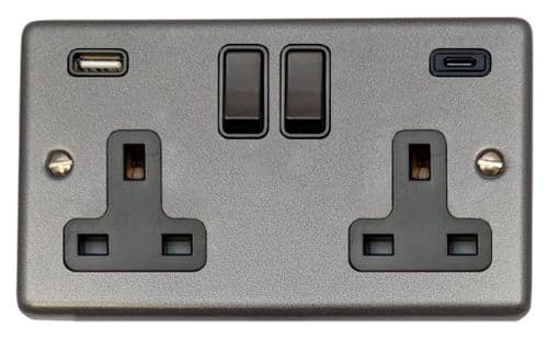 G&H CP911B Standard Plate Pewter 2 Gang Double 13A Plug Socket 3.1A USB A + C