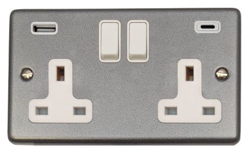 G&H CP911W Standard Plate Pewter 2 Gang Double 13A Plug Socket 3.1A USB A + C