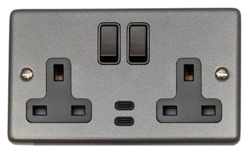 G&H CP913B Standard Plate Pewter 2 Gang Double 13A Plug Socket Dual 4.2A USB C