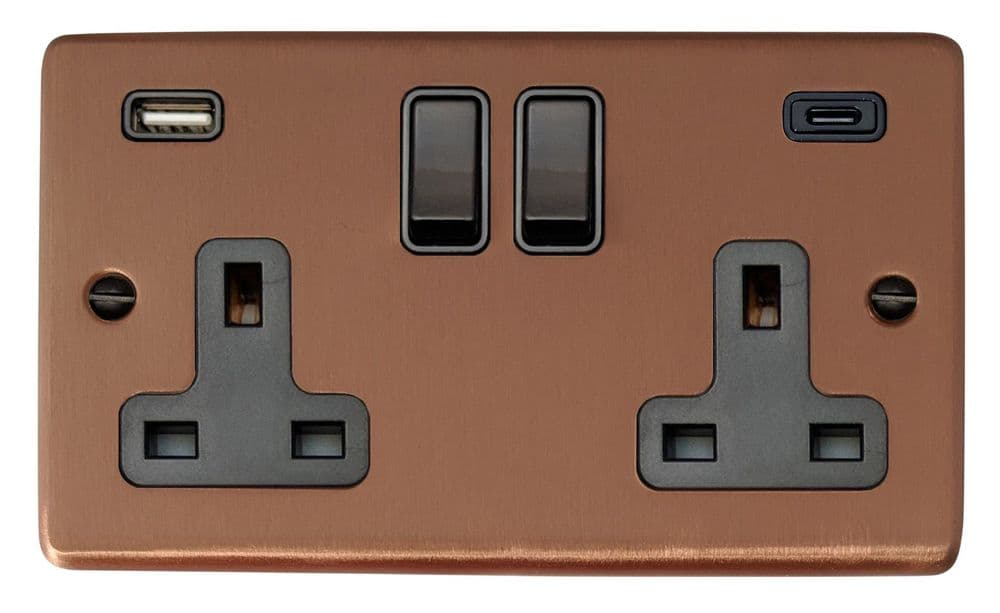 G&H CRG911B Standard Plate Rose Gold 2 Gang Double 13A Plug Socket USB A C