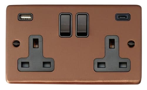 G&H CRG911B Standard Plate Rose Gold 2 Gang Double 13A Plug Socket USB A + C