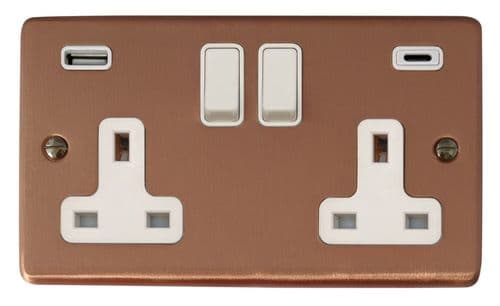 G&H CRG911W Standard Plate Rose Gold 2 Gang Double 13A Plug Socket USB A + C
