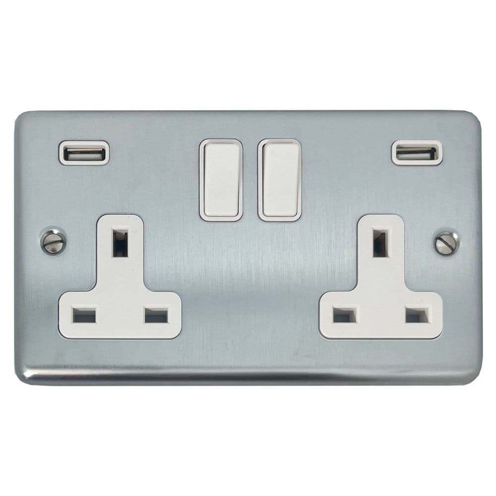 G&H CSC910W Standard Plate Satin Chrome 2 Gang Double 13A Switched Plug ...