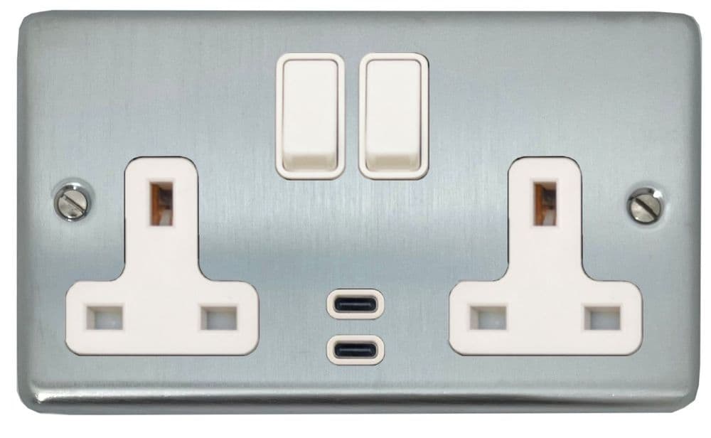 G&H CSC913W Standard Plate Satin Chrome 2 Gang Double 13A Plug Socket ...