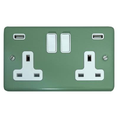 G&H CSG910W Standard Plate Sage Green 2 Gang Double 13A Switched Plug Socket 2.1A USB