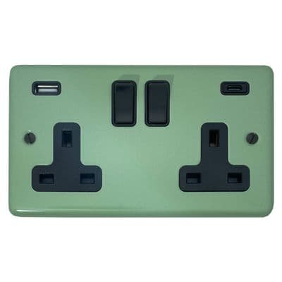 G&H CSG911B Standard Plate Sage Green 2 Gang Double 13A Plug Socket 3.1A USB A + C