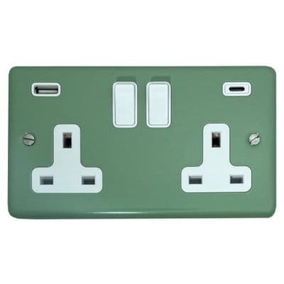 G&H CSG911W Standard Plate Sage Green 2 Gang Double 13A Plug Socket 3.1A USB A + C
