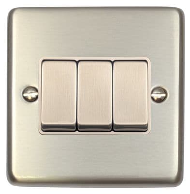 G&H CSS203 Standard Plate Brushed Steel 3 Gang 1 or 2 Way Rocker Light Switch