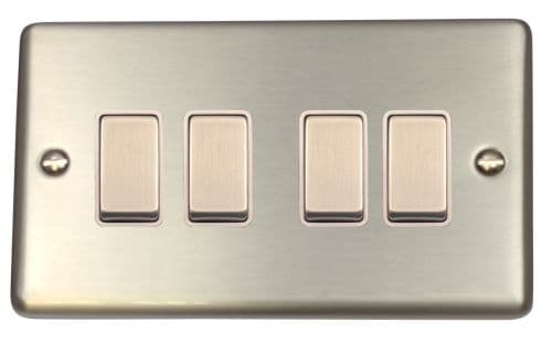 G&H CSS204 Standard Plate Brushed Steel 4 Gang 1 or 2 Way Rocker Light Switch