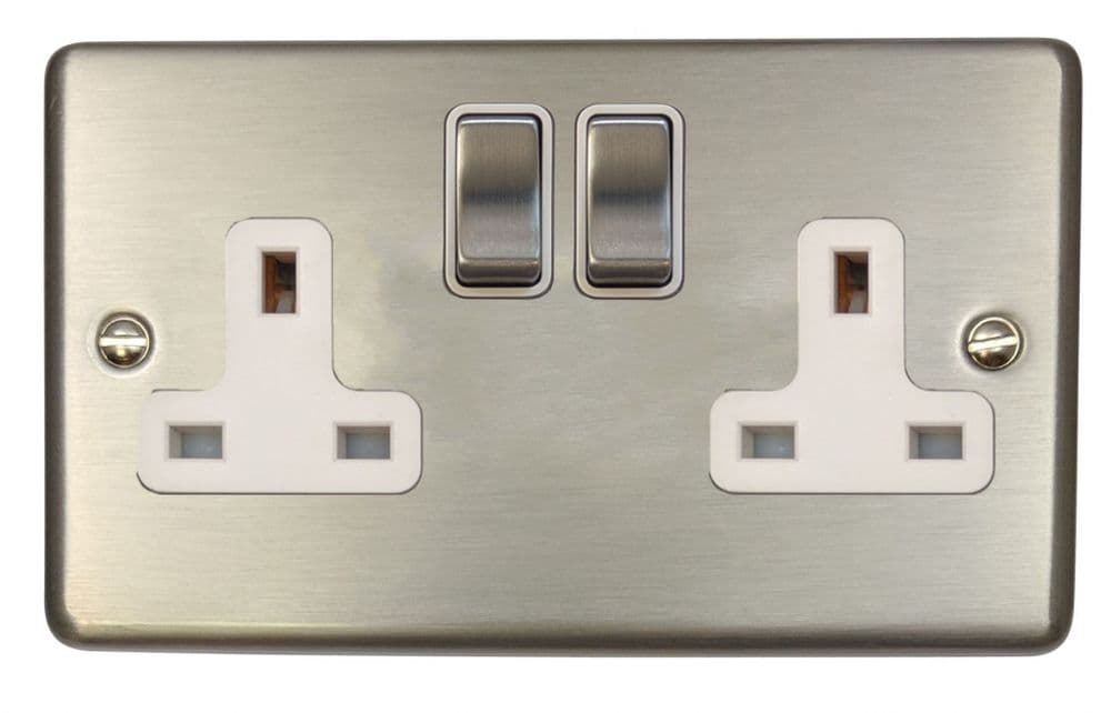 G&H CSS210 Standard Plate Brushed Steel 2 Gang Double 13A Switched Plug Socket