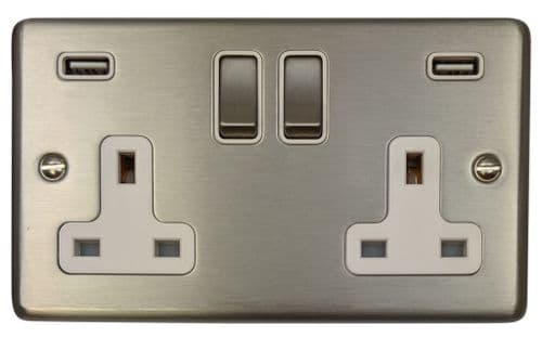 G&H CSS2910 Standard Plate Brushed Steel 2 Gang Double 13A Switched Plug Socket 2.1A USB