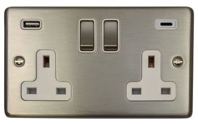G&H CSS2911 Standard Plate Brushed Steel 2 Gang Double 13A Plug Socket 3.1A USB A + C