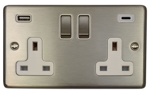 G&H CSS2911 Standard Plate Brushed Steel 2 Gang Double 13A Plug Socket 3.1A USB A + C