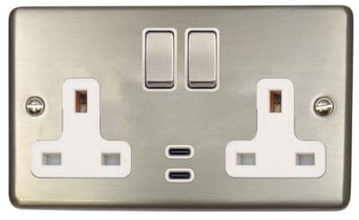 G&H CSS2913 Standard Plate Brushed Steel 2 Gang Double 13A Plug Socket Dual 4.2A USB C