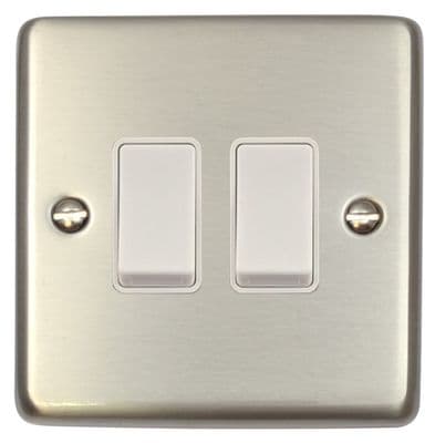 G&H CSS2W Standard Plate Brushed Steel 2 Gang 1 or 2 Way Rocker Light Switch