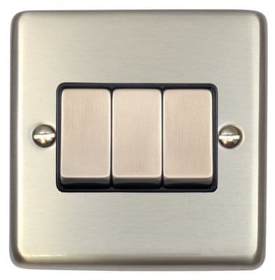 G&H CSS303 Standard Plate Brushed Steel 3 Gang 1 or 2 Way Rocker Light Switch
