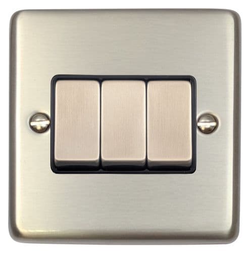 G&H CSS303 Standard Plate Brushed Steel 3 Gang 1 or 2 Way Rocker Light Switch