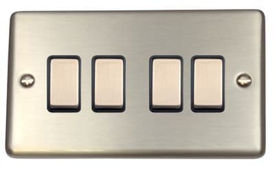 G&H CSS304 Standard Plate Brushed Steel 4 Gang 1 or 2 Way Rocker Light Switch