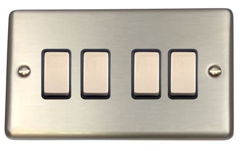 G&H CSS304 Standard Plate Brushed Steel 4 Gang 1 or 2 Way Rocker Light Switch