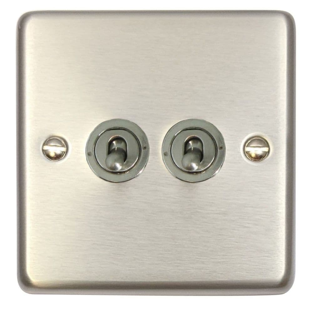 G&H CSS382-SS Standard Plate Brushed Steel 2 Gang 1 or 2 Way Toggle Light Switch