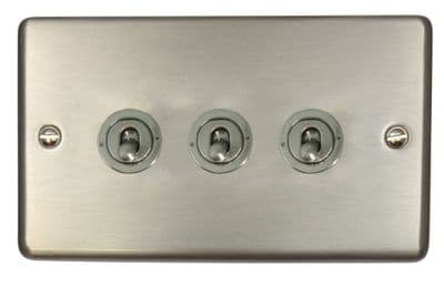 G&H CSS383-SS Standard Plate Brushed Steel 3 Gang 1 or 2 Way Toggle Light Switch