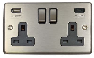 G&H CSS3911 Standard Plate Brushed Steel 2 Gang Double 13A Plug Socket 3.1A USB A + C