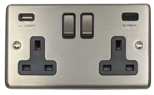 G&H CSS3911 Standard Plate Brushed Steel 2 Gang Double 13A Plug Socket 3.1A USB A + C