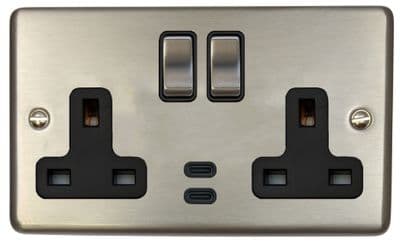 G&H CSS3913 Standard Plate Brushed Steel 2 Gang Double 13A Plug Socket Dual 4.2A USB C
