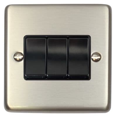 G&H CSS3B Standard Plate Brushed Steel 3 Gang 1 or 2 Way Rocker Light Switch