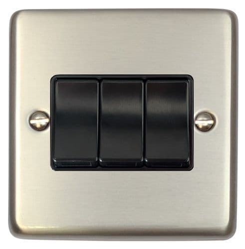 G&H CSS3B Standard Plate Brushed Steel 3 Gang 1 or 2 Way Rocker Light Switch