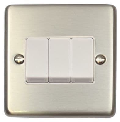 G&H CSS3W Standard Plate Brushed Steel 3 Gang 1 or 2 Way Rocker Light Switch