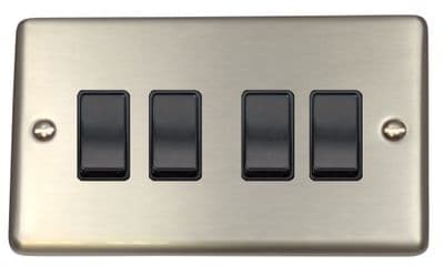 G&H CSS4B Standard Plate Brushed Steel 4 Gang 1 or 2 Way Rocker Light Switch