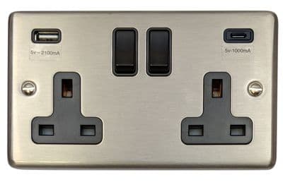 G&H CSS911B Standard Plate Brushed Steel 2 Gang Double 13A Plug Socket 3.1A USB A + C