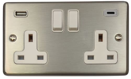G&H CSS911W Standard Plate Brushed Steel 2 Gang Double 13A Plug Socket 3.1A USB A + C