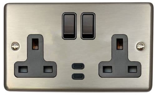 G&H CSS913B Standard Plate Brushed Steel 2 Gang Double 13A Plug Socket Dual 4.2A USB C