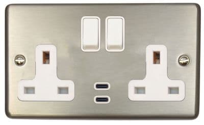 G&H CSS913W Standard Plate Brushed Steel 2 Gang Double 13A Plug Socket Dual 4.2A USB C