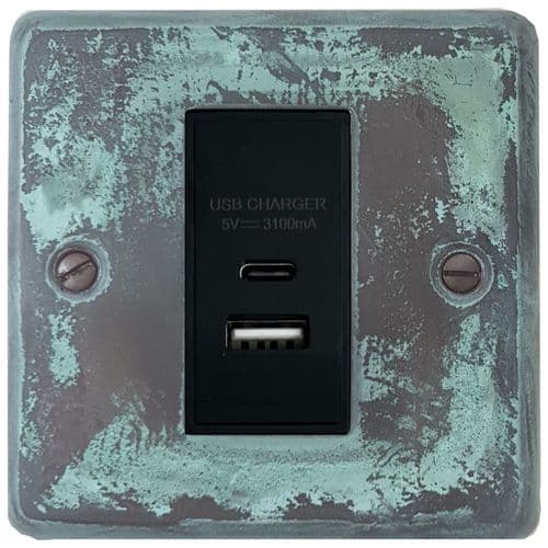 G&H CV41B Standard Plate Verdigris 1 Gang USB Charger 3.1A Dual USB A + C