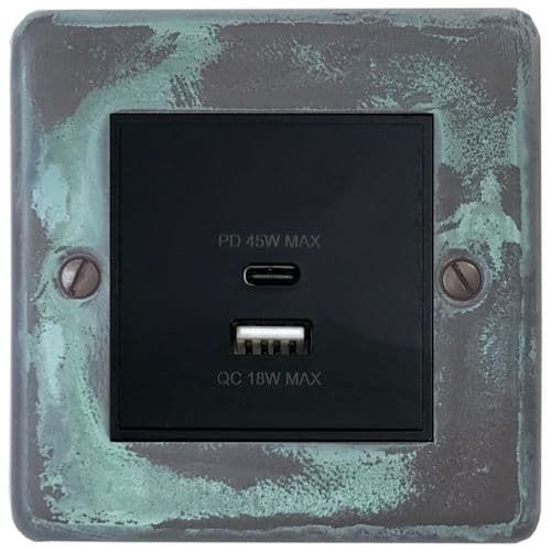 G&H CV43B Standard Plate Verdigris 1 Gang USB Quick Charge 45W Dual USB A + C