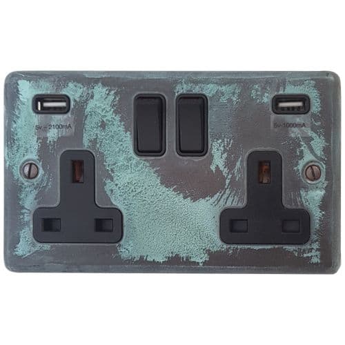 G&H CV910B Standard Plate Verdigris 2 Gang Double 13A Switched Plug Socket 2.1A USB