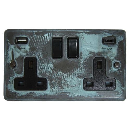 G&H CV911B Standard Plate Verdigris 2 Gang Double 13A Plug Socket 3.1A USB A + C