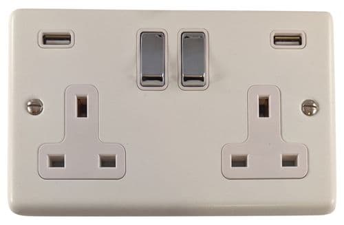 G&H CW2910-PC Standard Plate Matt White 2 Gang Double 13A Switched Plug Socket 2.1A USB
