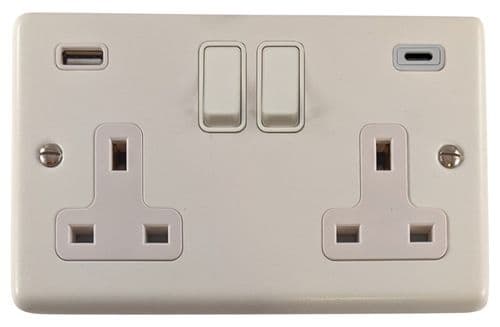 G&H CW911W Standard Plate Matt White 2 Gang Double 13A Plug Socket 3.1A USB A + C