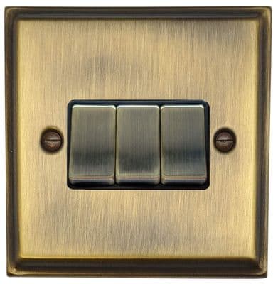 G&H DAB303 Deco Plate Antique Brass 3 Gang 1 or 2 Way Rocker Light Switch