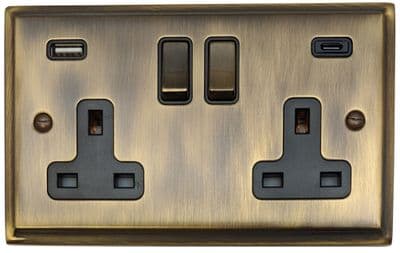 G&H DAB3911 Deco Plate Antique Brass 2 Gang Double 13A Plug Socket 3.1A USB A + C