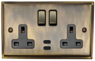 G&H DAB3913 Deco Plate Antique Brass 2 Gang Double 13A Plug Socket Dual 4.2A USB C