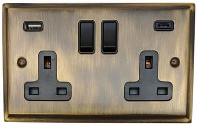 G&H DAB911B Deco Plate Antique Brass 2 Gang Double 13A Plug Socket USB A + C