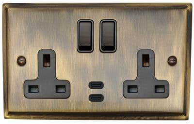 G&H DAB913B Deco Plate Antique Brass 2 Gang Double 13A Plug Socket Dual 4.2A USB C