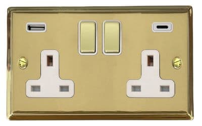 G&H DB2911 Deco Plate Polished Brass 2 Gang Double 13A Plug Socket 3.1A USB A + C