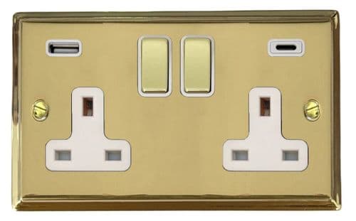 G&H DB2911 Deco Plate Polished Brass 2 Gang Double 13A Plug Socket 3.1A USB A + C