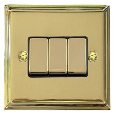 G&H DB303 Deco Plate Polished Brass 3 Gang 1 or 2 Way Rocker Light Switch